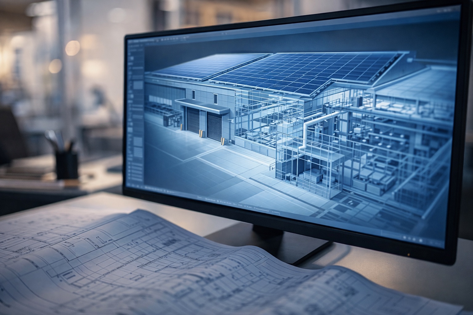 Monitor con modello BIM 3D di edificio industriale