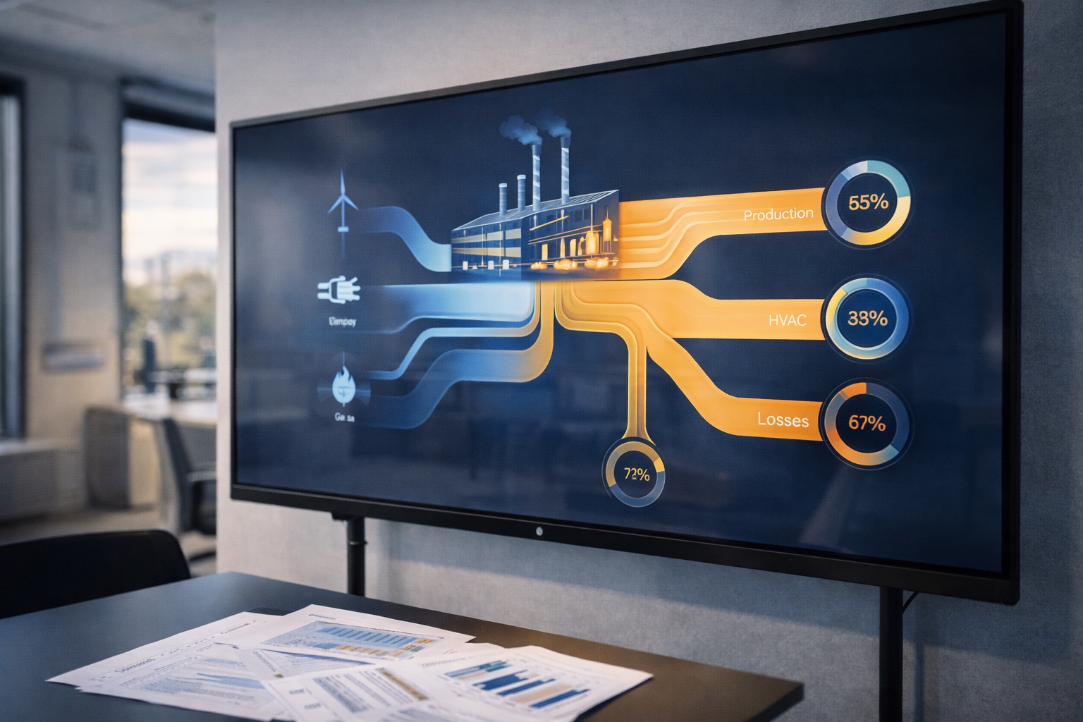 Schermo touchscreen con diagramma di flusso energetico Sankey in sala riunioni