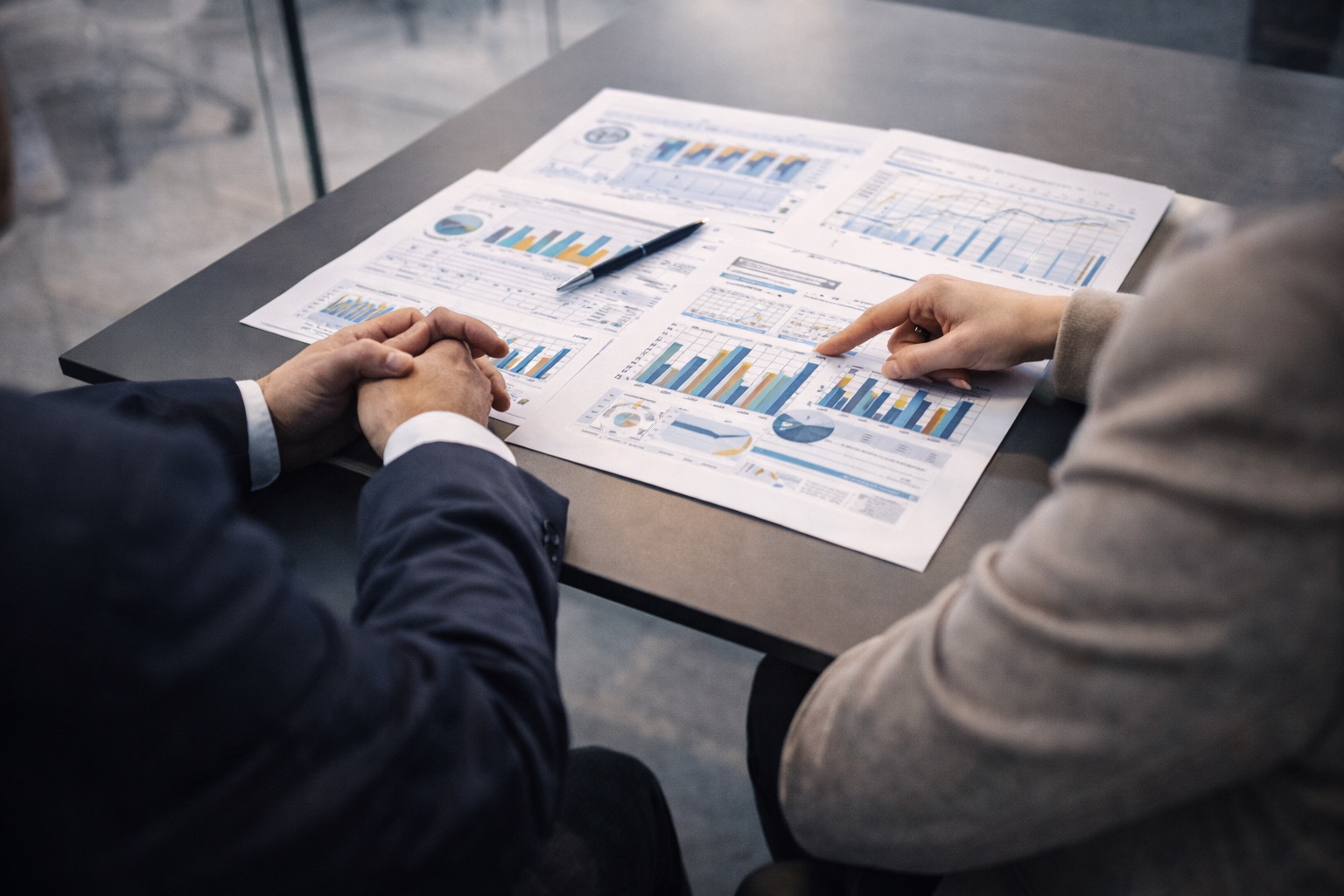 Riunione di lavoro con consulente che illustra grafici a un cliente