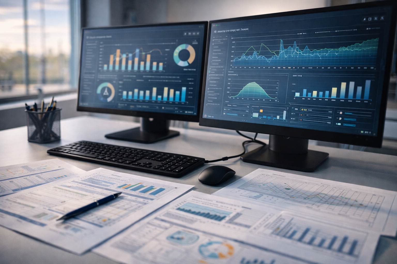 Workstation consulente energetico con monitor e grafici di analisi consumi