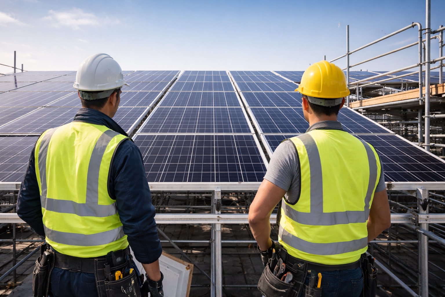 Installazione pannelli solari con operai in sicurezza