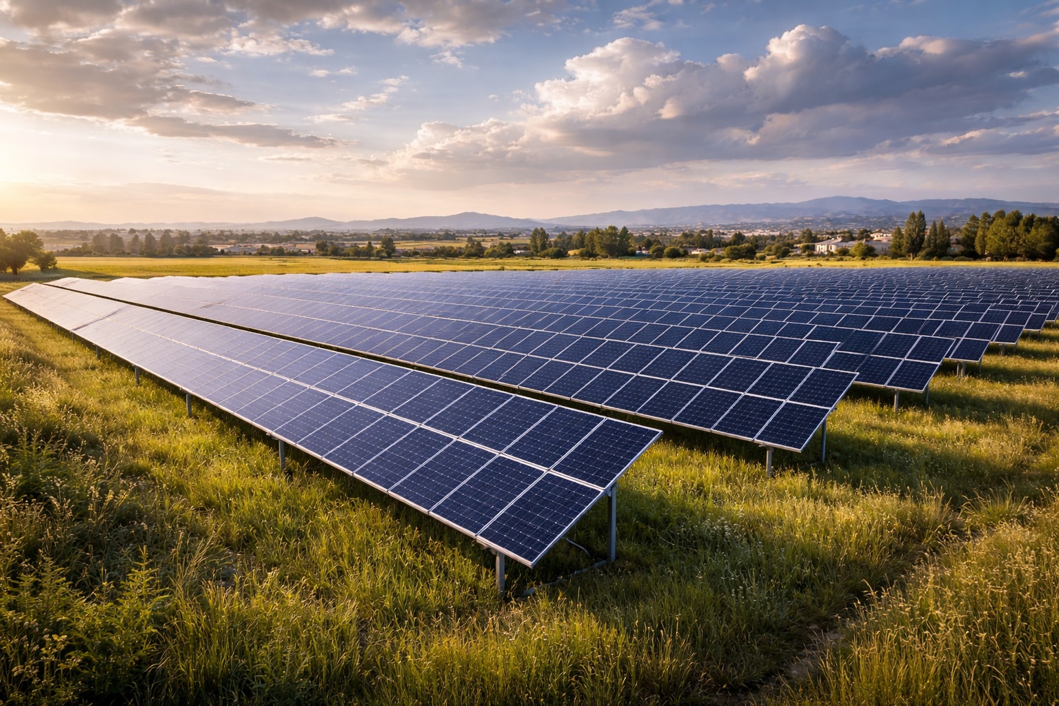 Campo fotovoltaico a terra con campagna italiana sullo sfondo