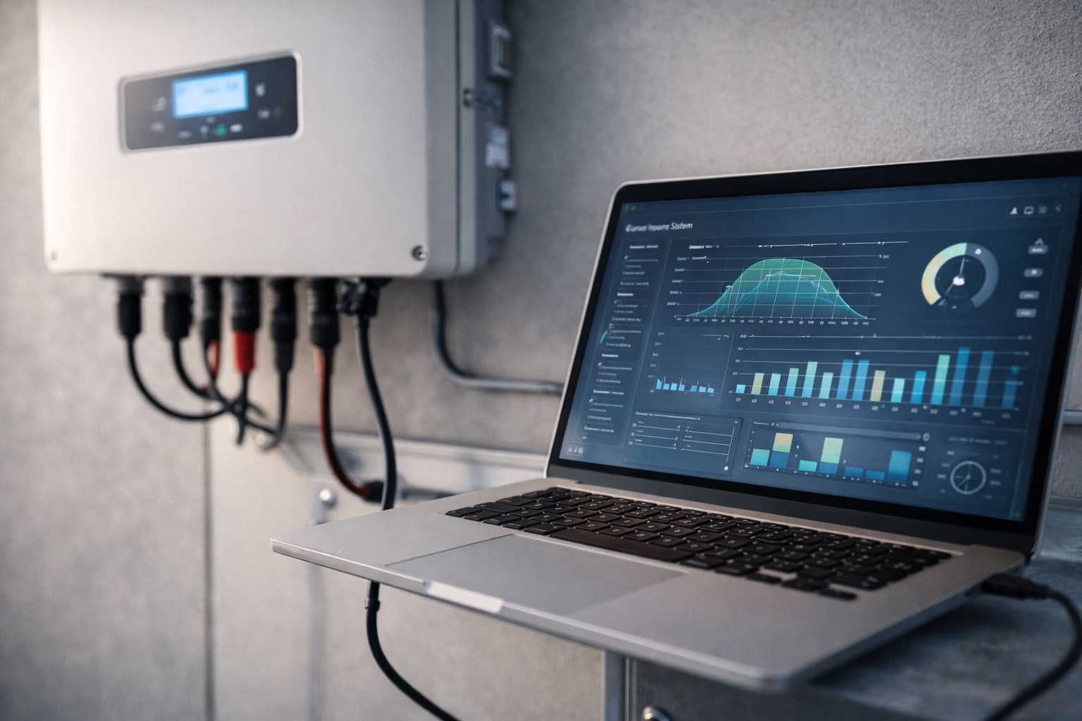 Inverter solare con laptop collegato per monitoraggio performance in tempo reale