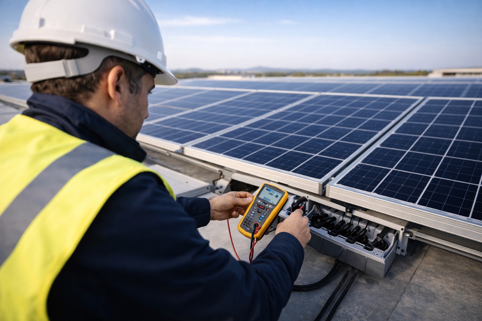 Tecnico che ispeziona connessioni di pannelli solari su tetto industriale