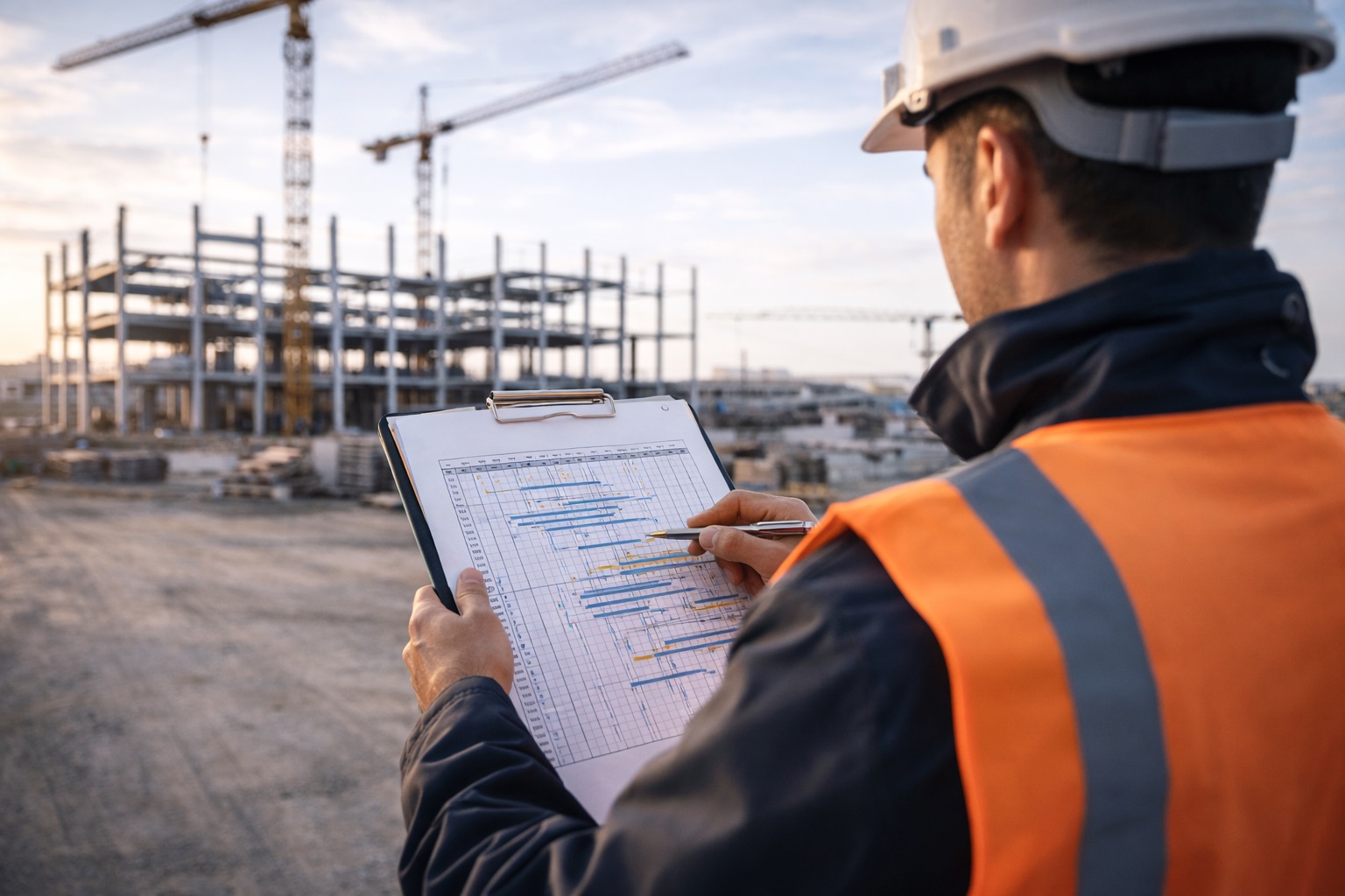 Direttore lavori con caschetto che supervisiona cantiere industriale