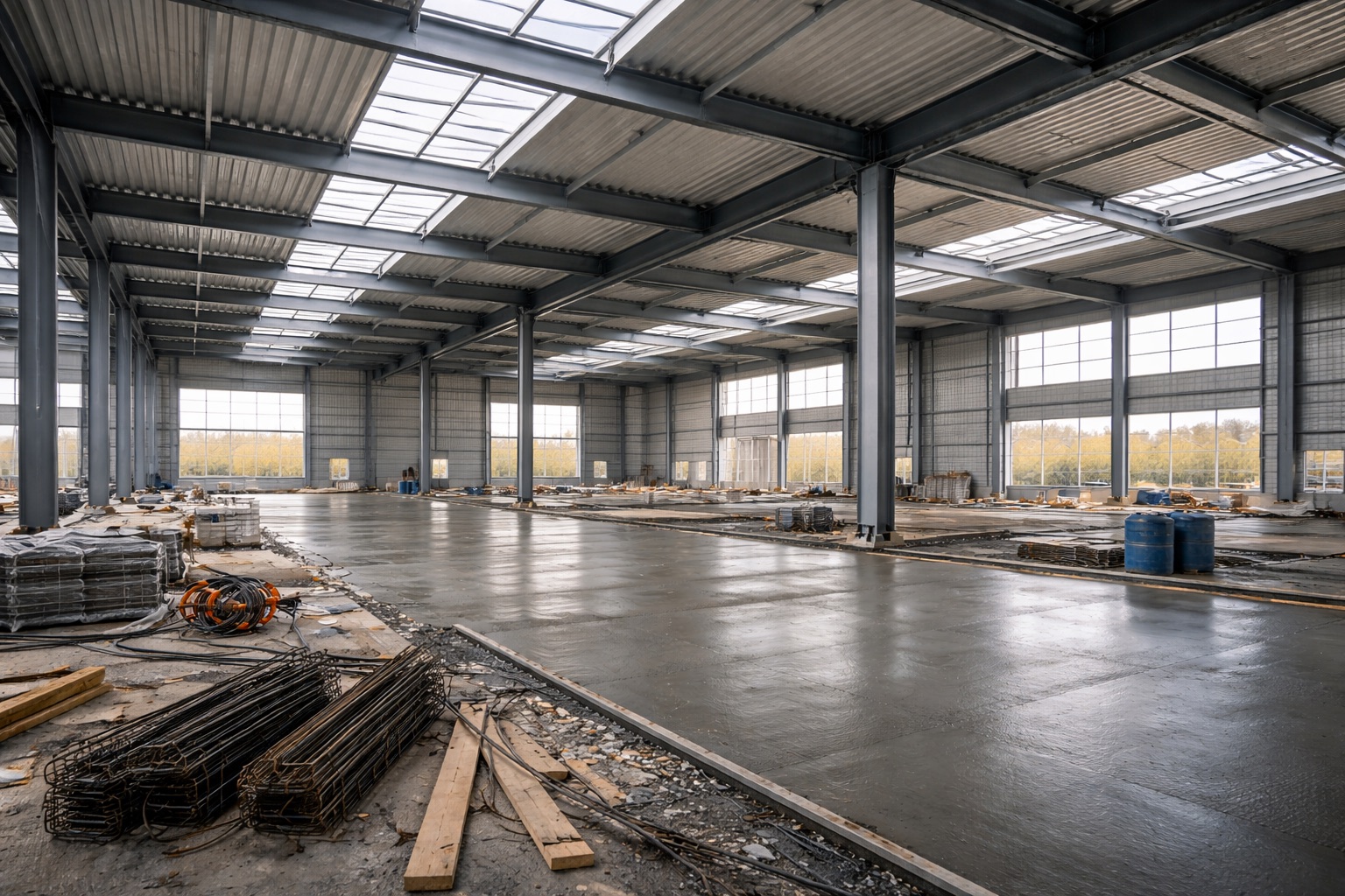 Interno di edificio industriale in costruzione con struttura in acciaio