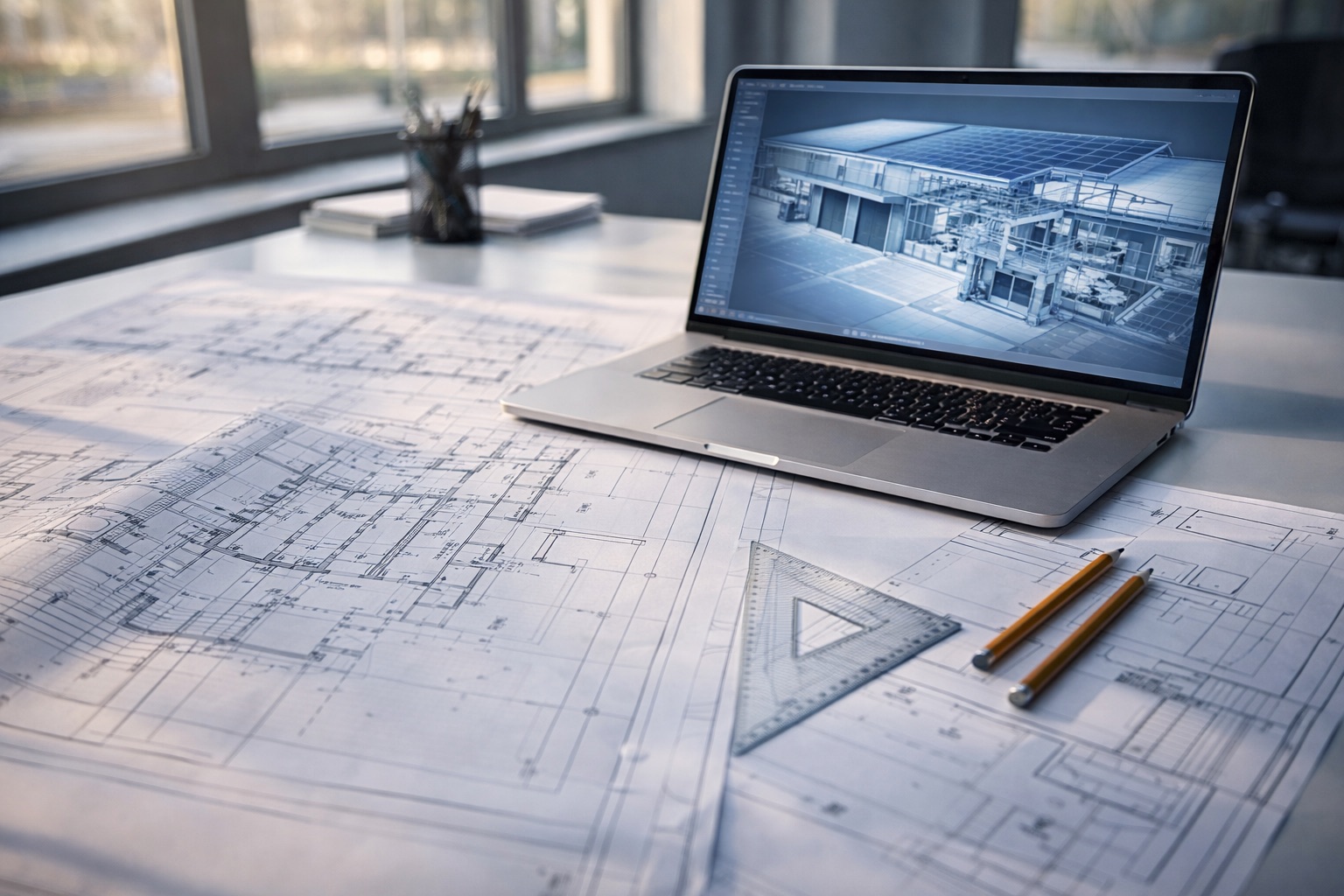 Scrivania da architetto con tavole progettuali e modello BIM su laptop