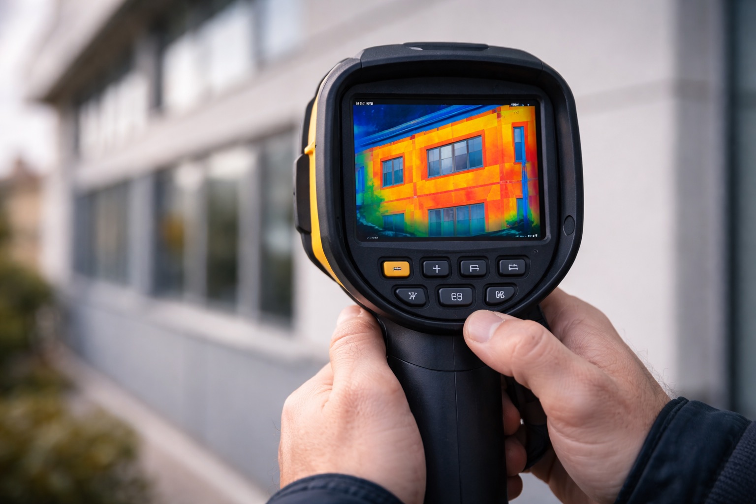 Termocamera che rileva dispersione termica su facciata edificio