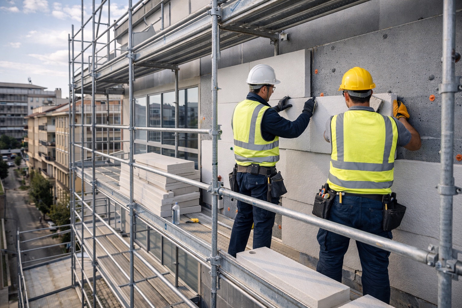 Cantiere di riqualificazione energetica con cappotto termico su facciata commerciale