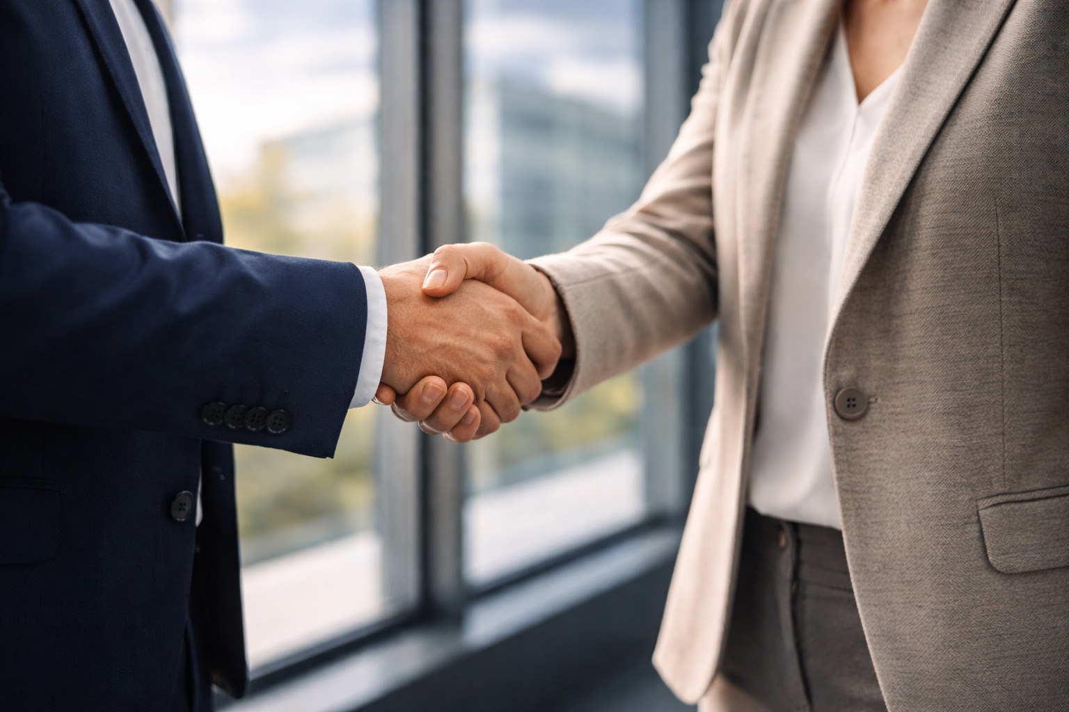 Stretta di mano professionale tra partner in ufficio con vetrate